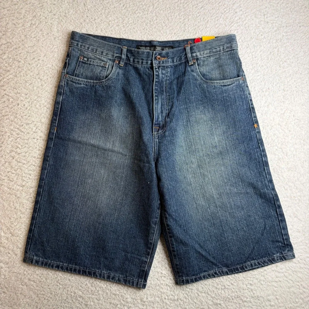 NEW Ecko Unltd Mens Baggy Denim Shorts Blue Y2K Paratrooper Jean Shorts W38 NWT